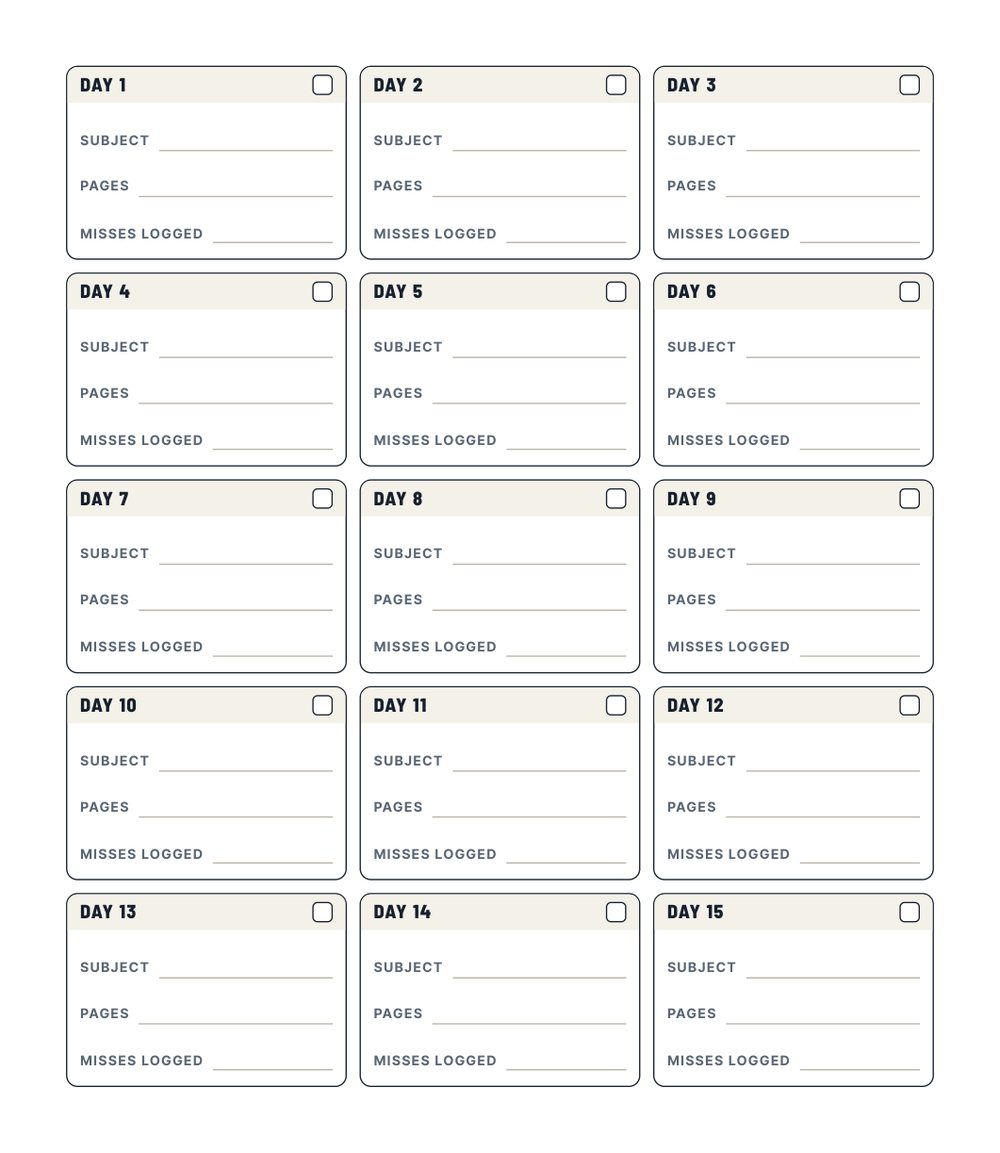 The fifteen-day grid of the Retake Plan: one box a day for the subject, the pages and the misses logged